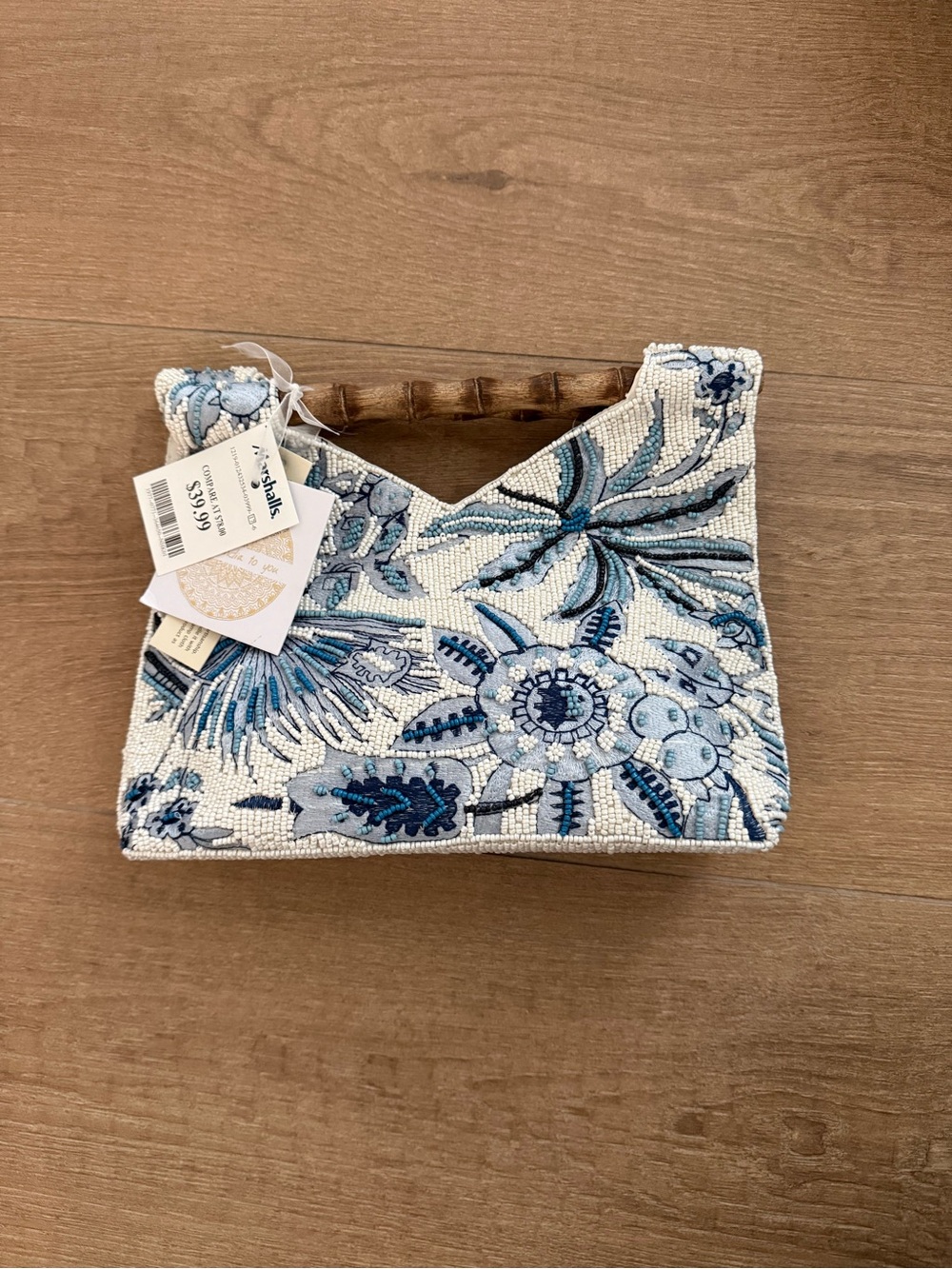 Beaded Floral Tote Bag with Wooden Handle - Blue & White